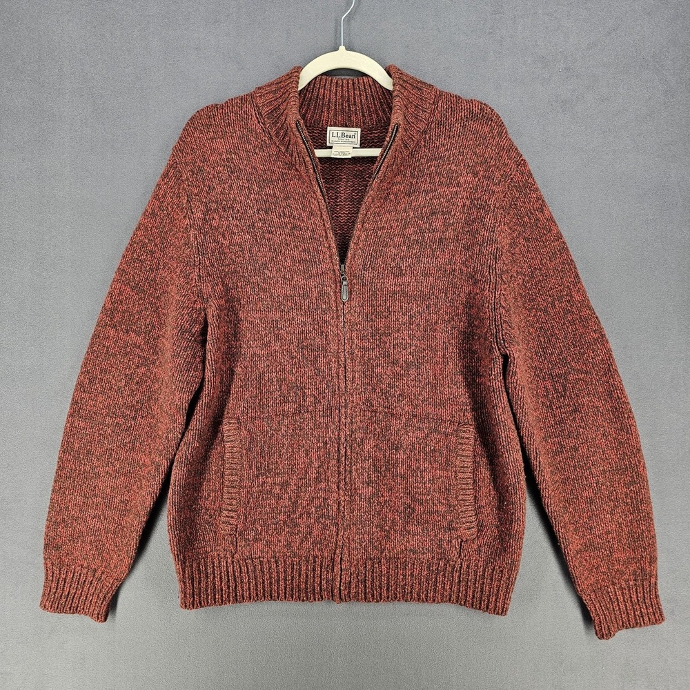 LL Bean Sweater Mens Medium Red 100% Lambswool Full Zip Mock Neck Knit Cardigan